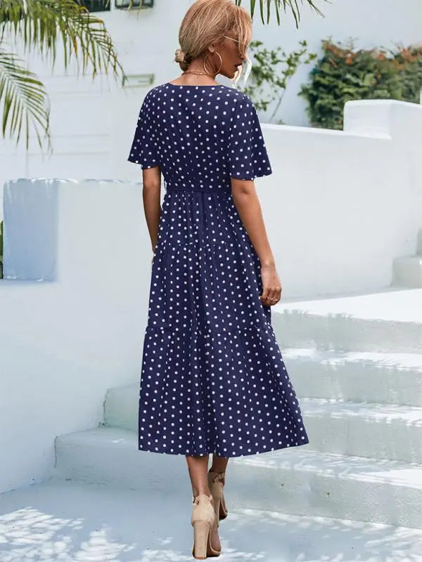 Polka Dot Print Short Sleeve Midi Dress kakaclo