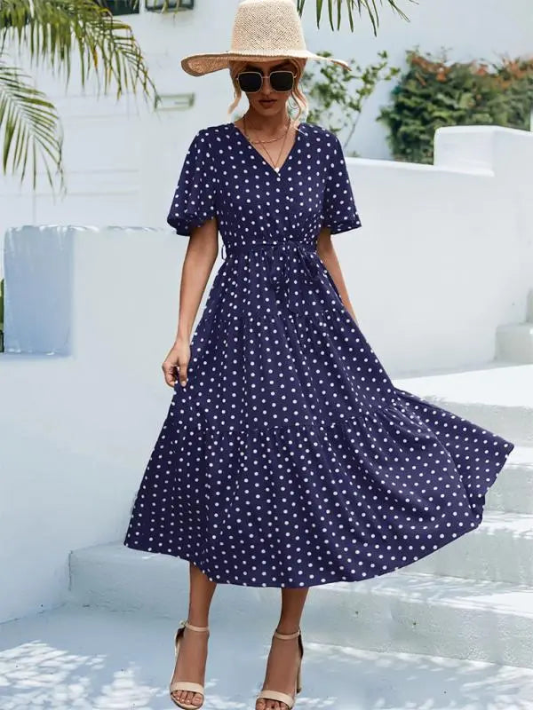 Polka Dot Print Short Sleeve Midi Dress kakaclo