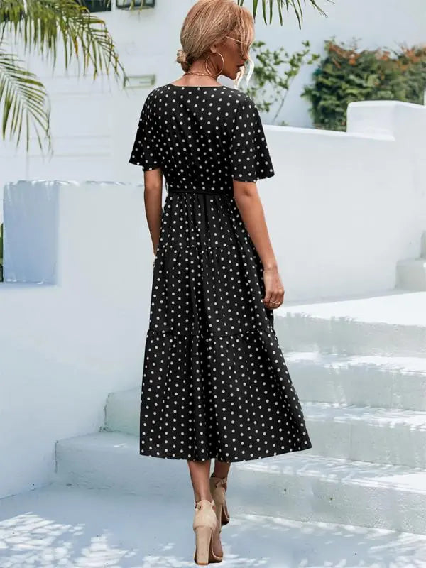 Polka Dot Print Short Sleeve Midi Dress kakaclo