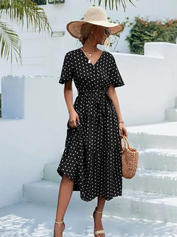 Polka Dot Print Short Sleeve Midi Dress kakaclo