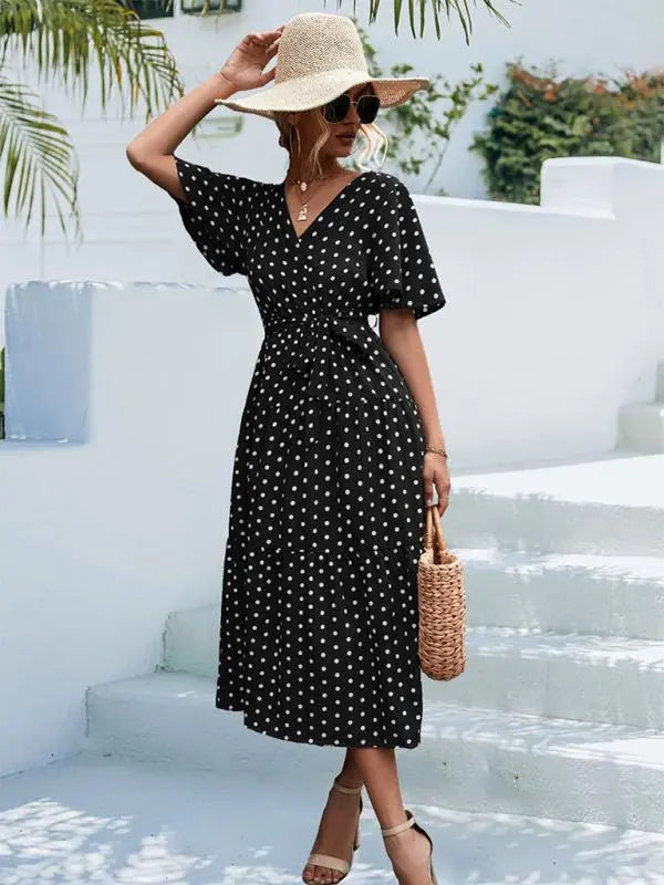 Polka Dot Print Short Sleeve Midi Dress kakaclo