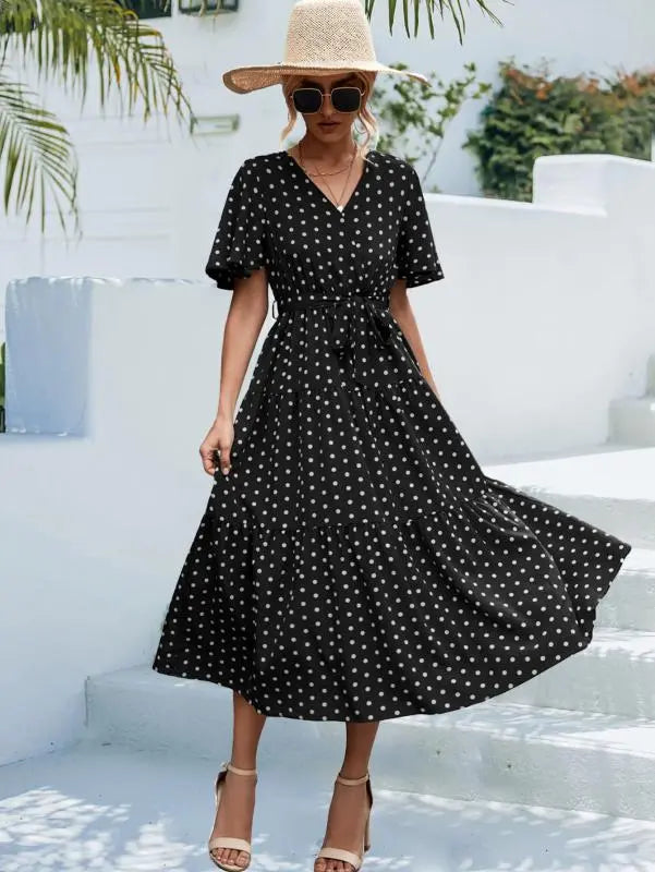 Polka Dot Print Short Sleeve Midi Dress kakaclo