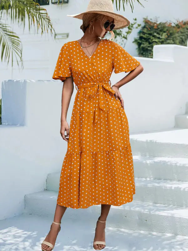 Polka Dot Print Short Sleeve Midi Dress kakaclo