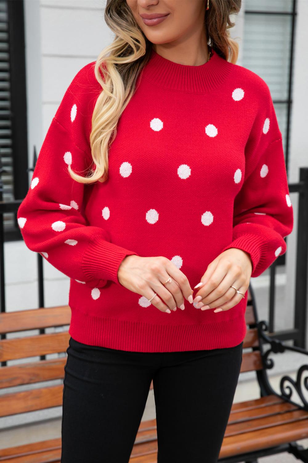 Polka Dot Round Neck Dropped Shoulder Sweater BLUE ZONE PLANET
