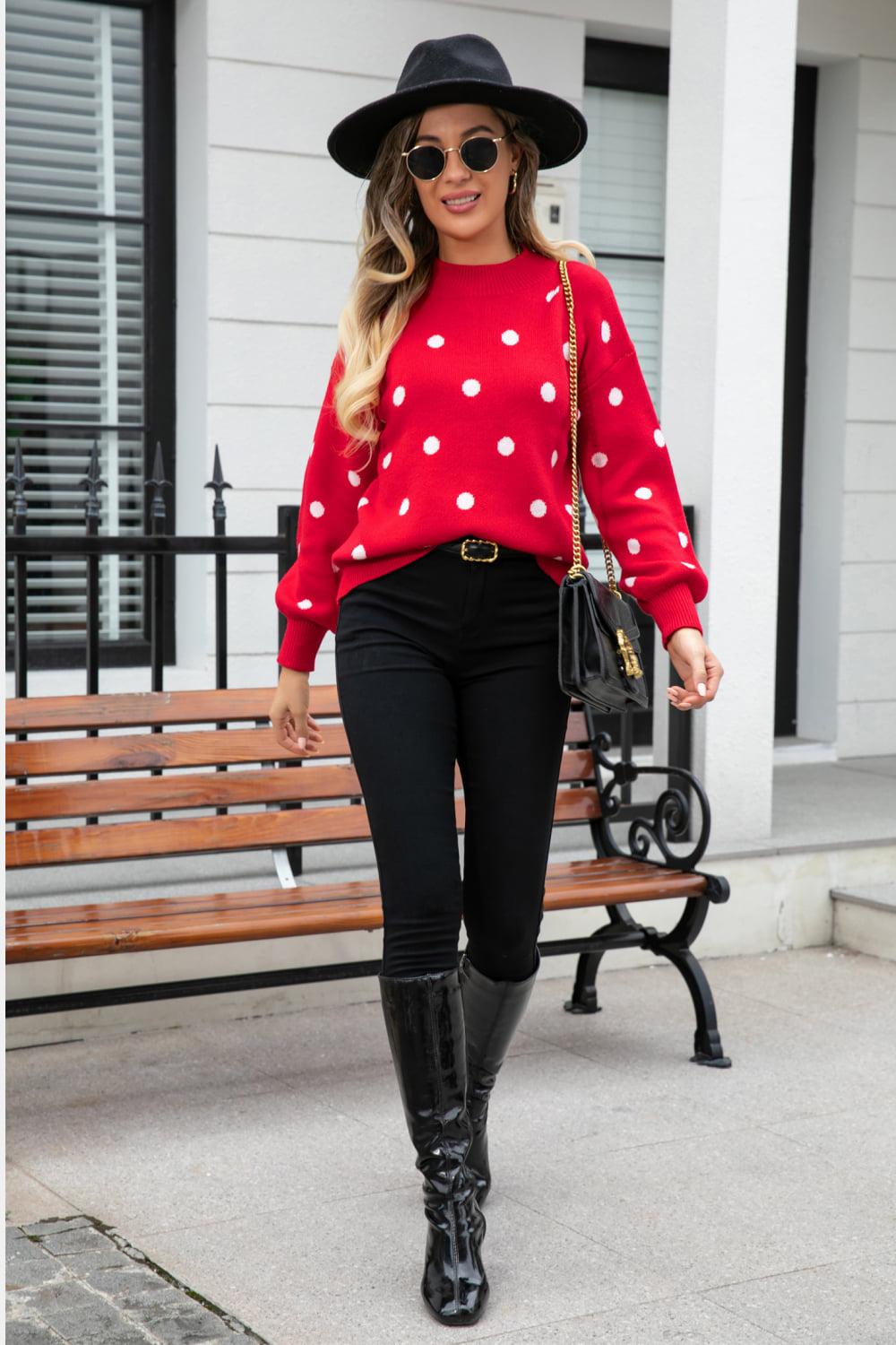 Polka Dot Round Neck Dropped Shoulder Sweater BLUE ZONE PLANET