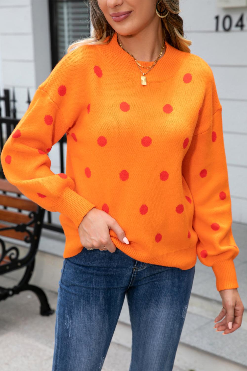 Polka Dot Round Neck Dropped Shoulder Sweater BLUE ZONE PLANET