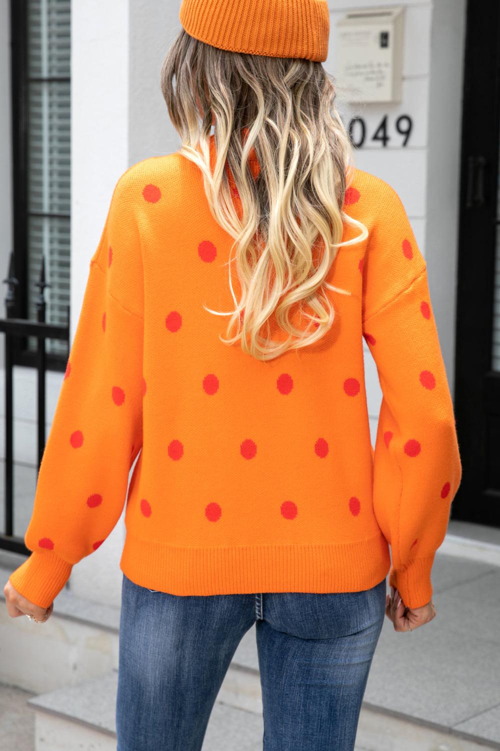 Polka Dot Round Neck Dropped Shoulder Sweater BLUE ZONE PLANET