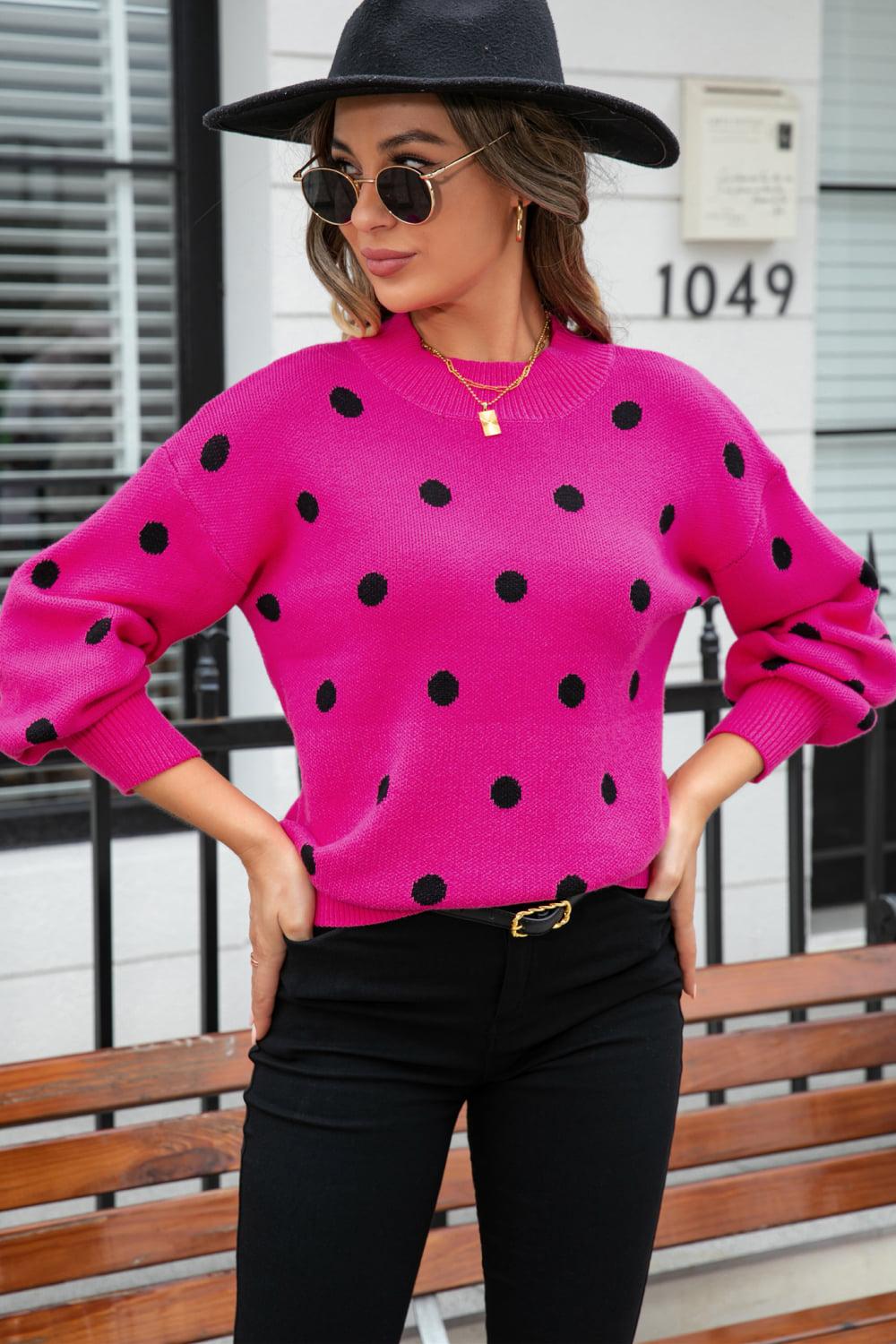 Polka Dot Round Neck Dropped Shoulder Sweater BLUE ZONE PLANET