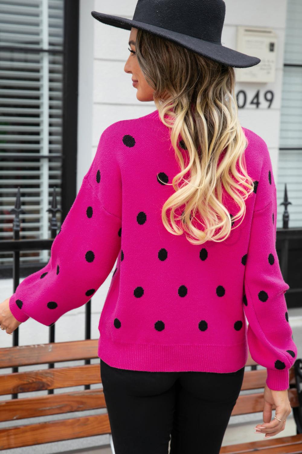 Polka Dot Round Neck Dropped Shoulder Sweater BLUE ZONE PLANET