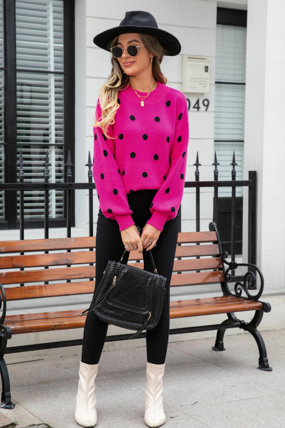 Polka Dot Round Neck Dropped Shoulder Sweater BLUE ZONE PLANET