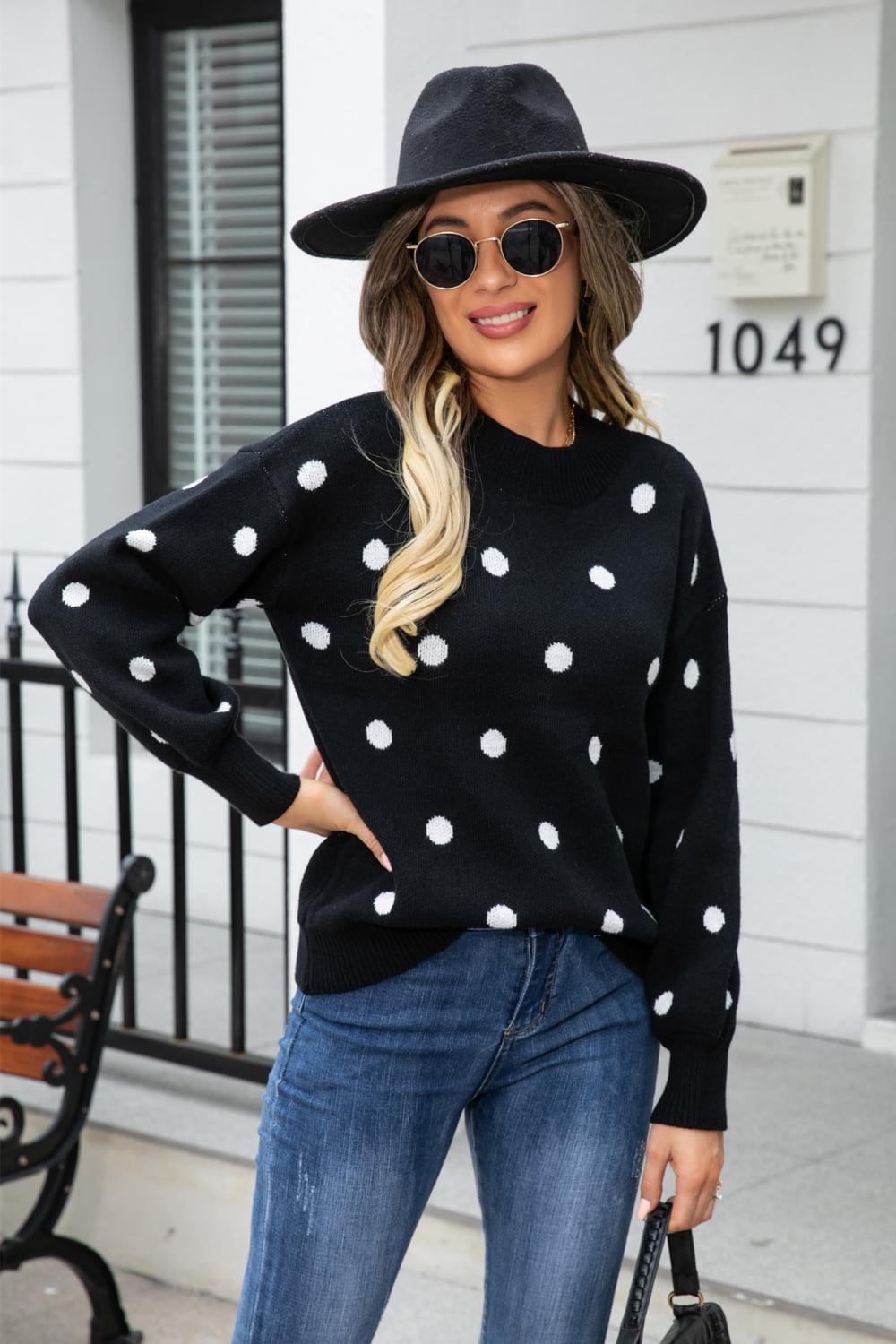 Polka Dot Round Neck Dropped Shoulder Sweater BLUE ZONE PLANET