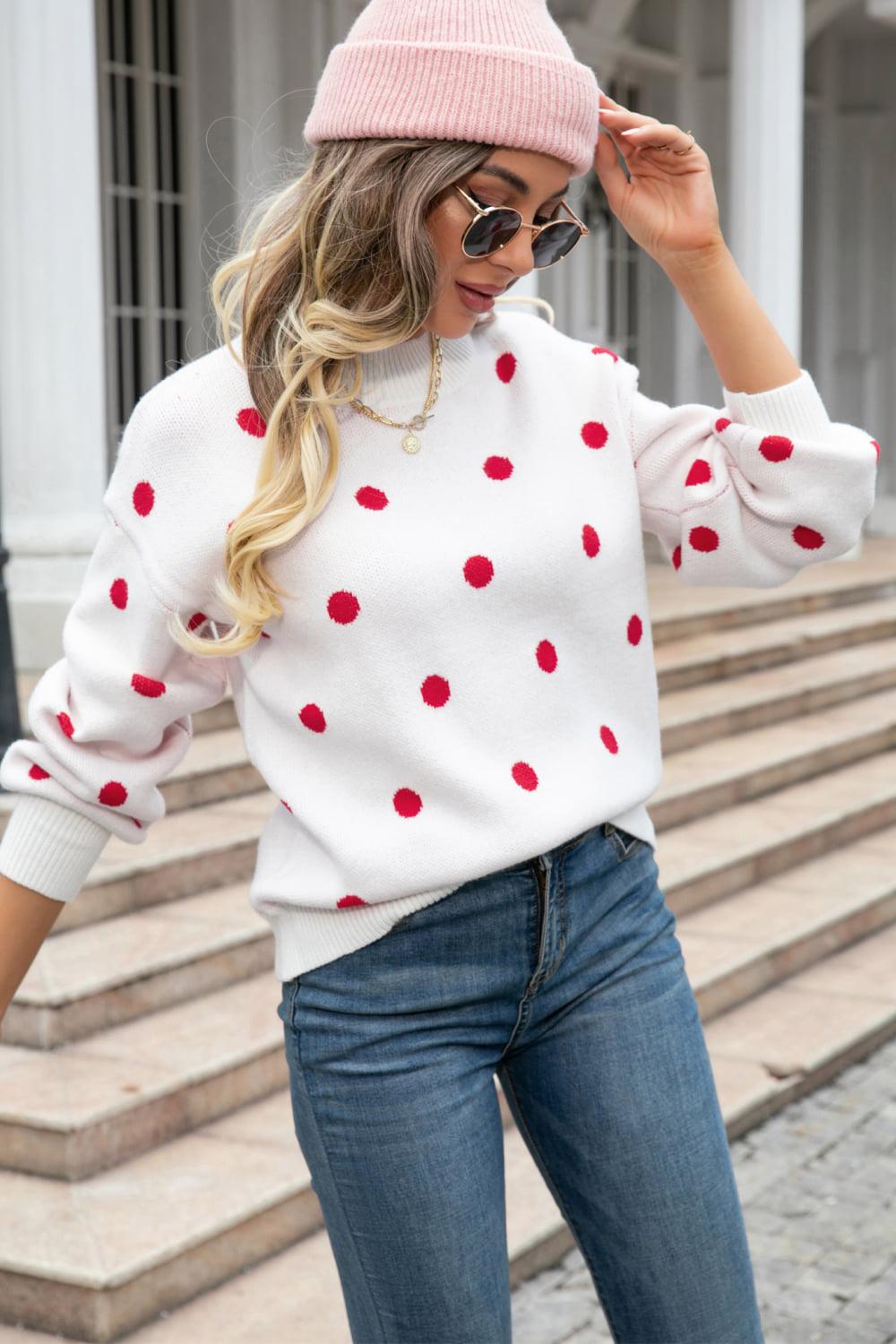 Polka Dot Round Neck Dropped Shoulder Sweater BLUE ZONE PLANET