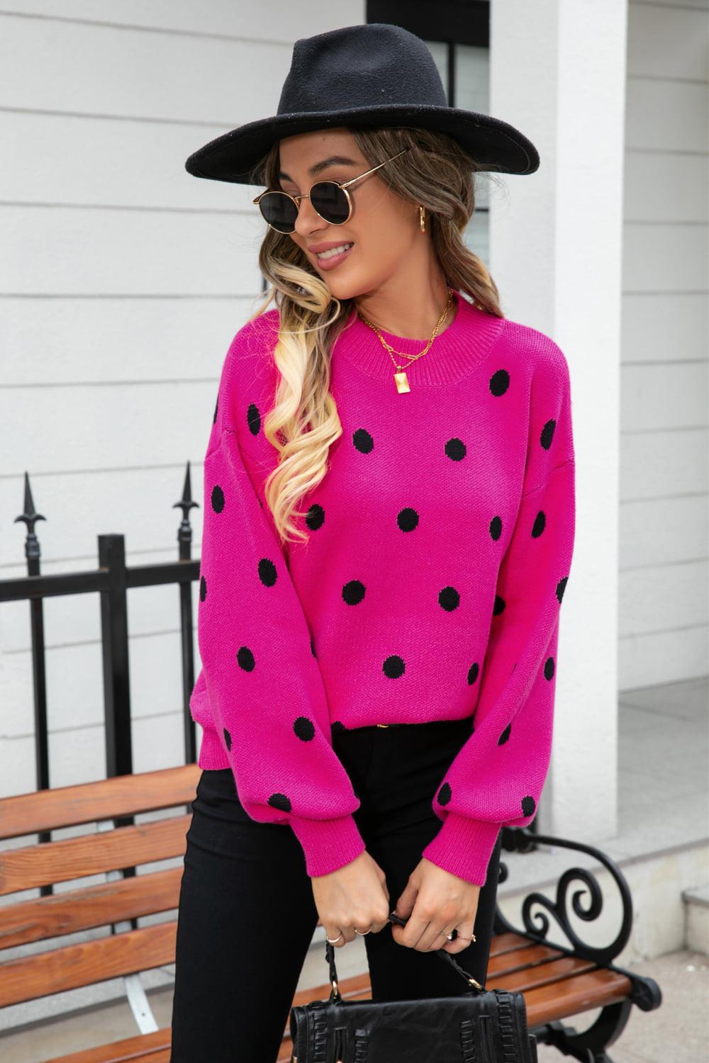 Polka Dot Round Neck Dropped Shoulder Sweater BLUE ZONE PLANET