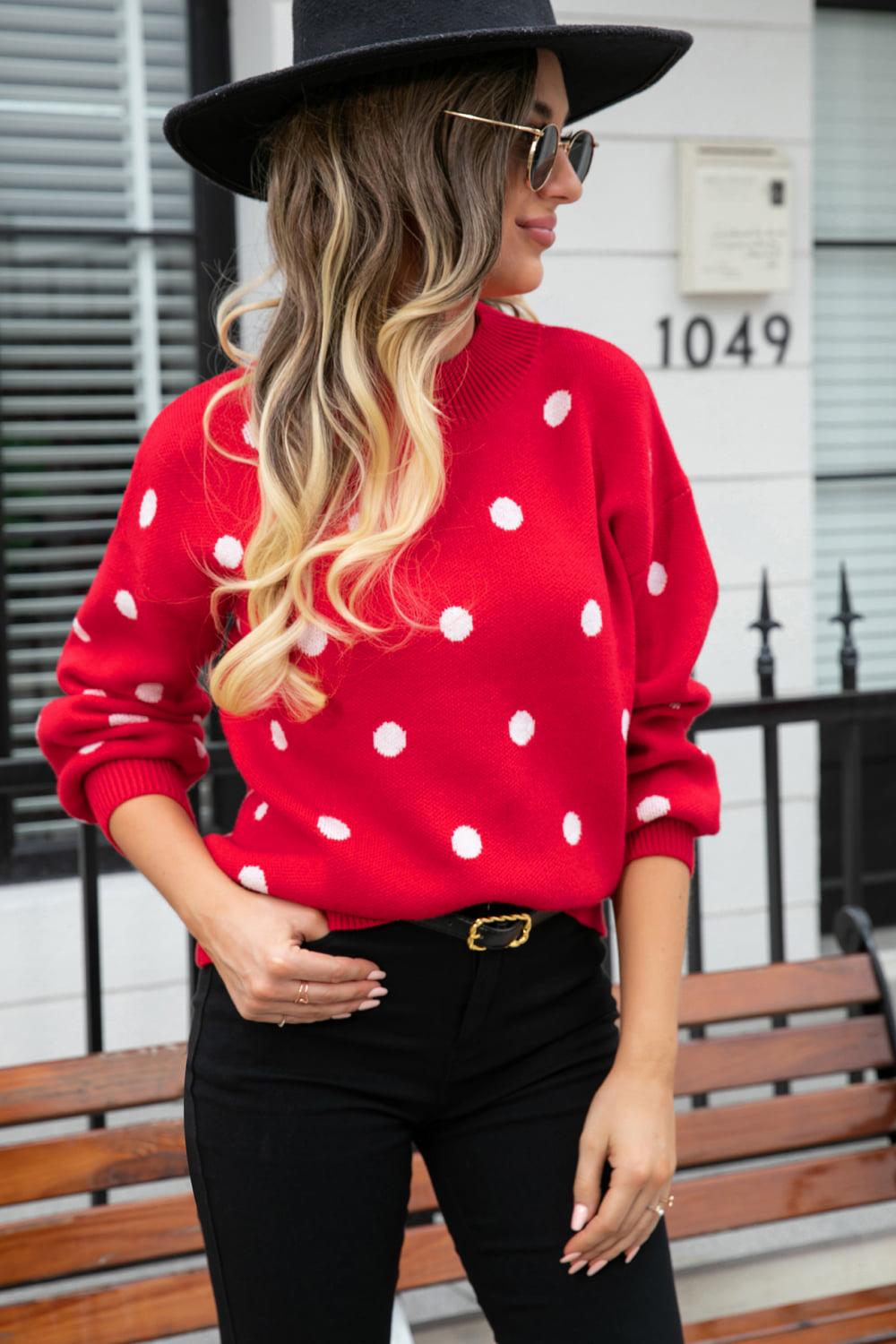 Polka Dot Round Neck Dropped Shoulder Sweater BLUE ZONE PLANET