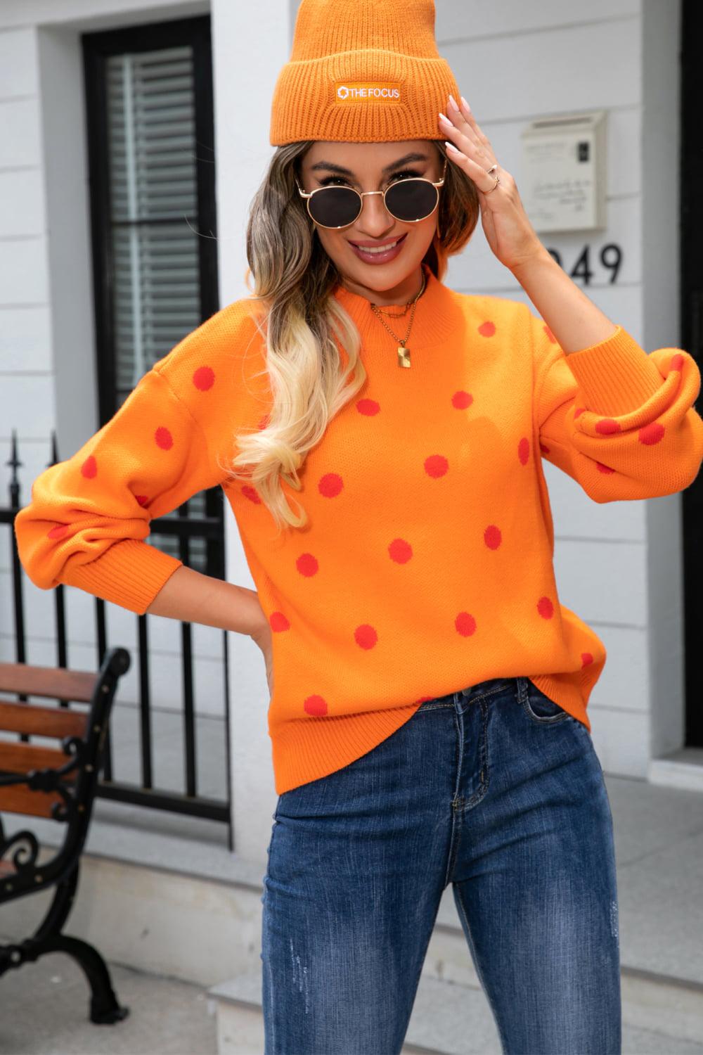 Polka Dot Round Neck Dropped Shoulder Sweater BLUE ZONE PLANET