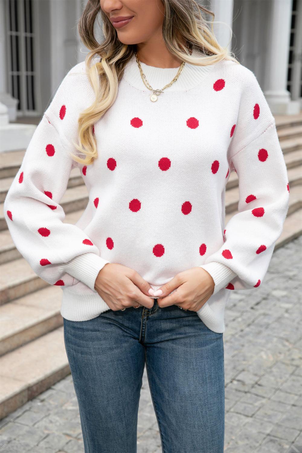 Polka Dot Round Neck Dropped Shoulder Sweater BLUE ZONE PLANET