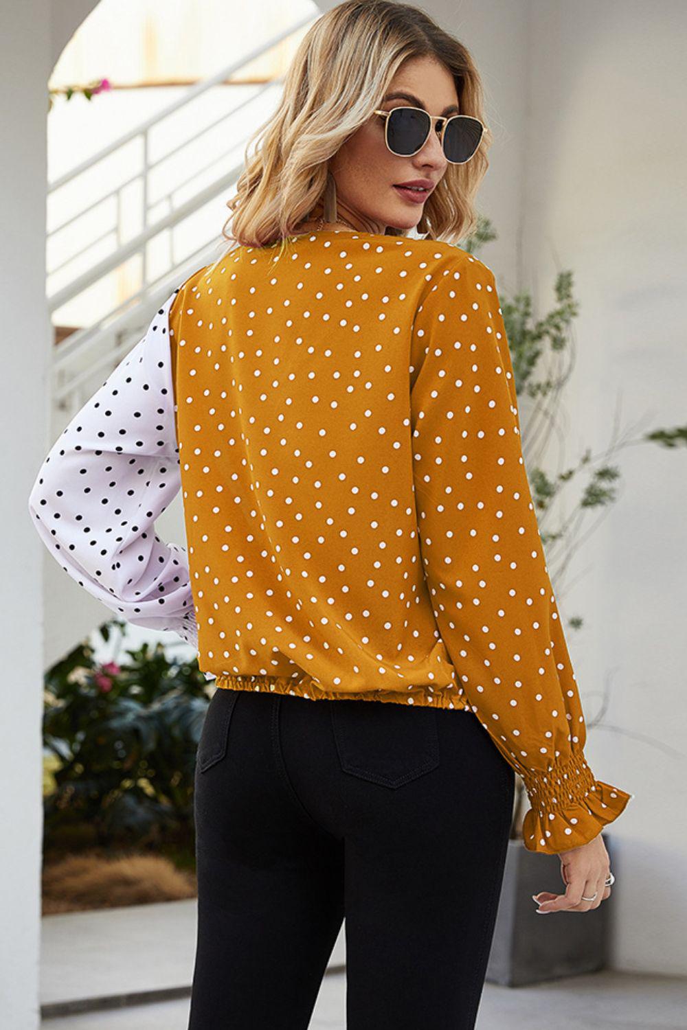 Polka Dot Surplice Neck Lantern Sleeve Blouse BLUE ZONE PLANET