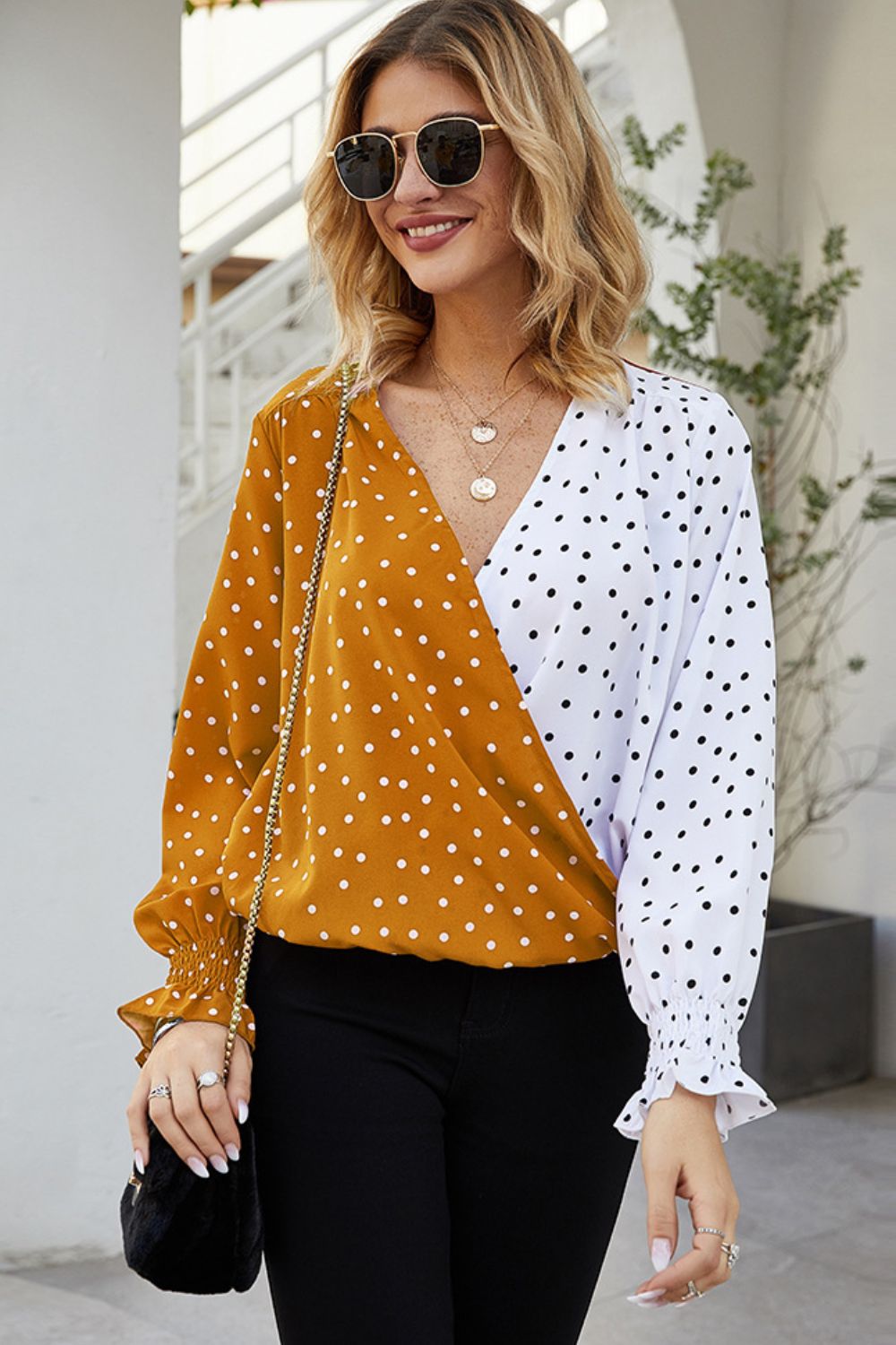 Polka Dot Surplice Neck Lantern Sleeve Blouse BLUE ZONE PLANET