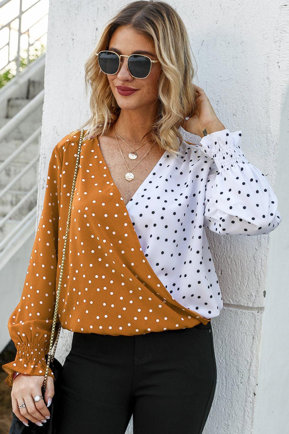 Polka Dot Surplice Neck Lantern Sleeve Blouse BLUE ZONE PLANET