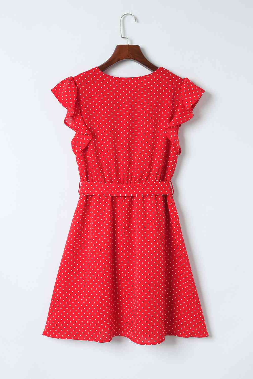Polka Dot Surplice Neck Tie Waist Dress BLUE ZONE PLANET