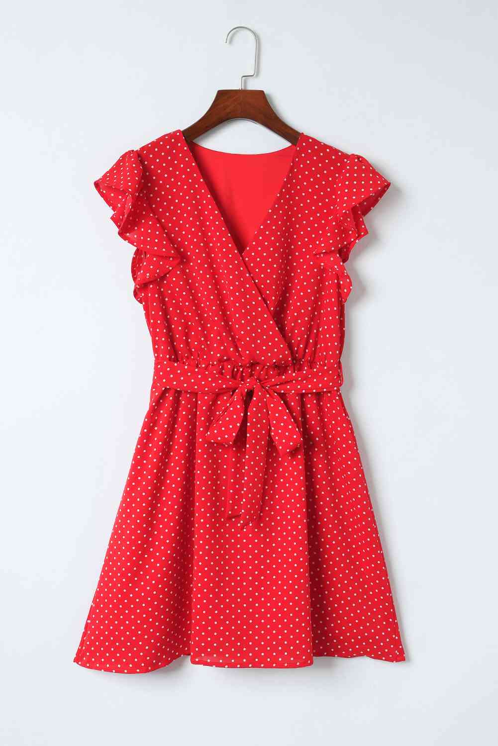 Polka Dot Surplice Neck Tie Waist Dress BLUE ZONE PLANET