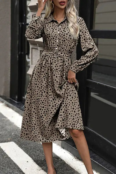 Polka Dot Tied Button Up Dress BLUE ZONE PLANET