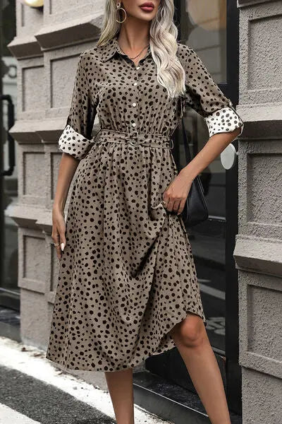 Polka Dot Tied Button Up Dress BLUE ZONE PLANET