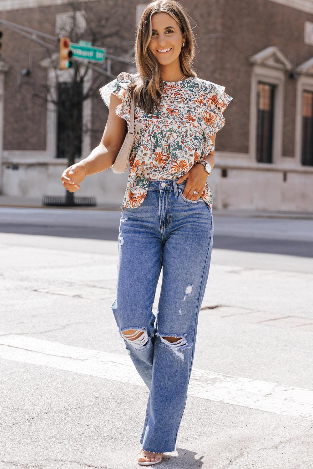 Printed Butterfly Sleeve Round Neck Blouse BLUE ZONE PLANET