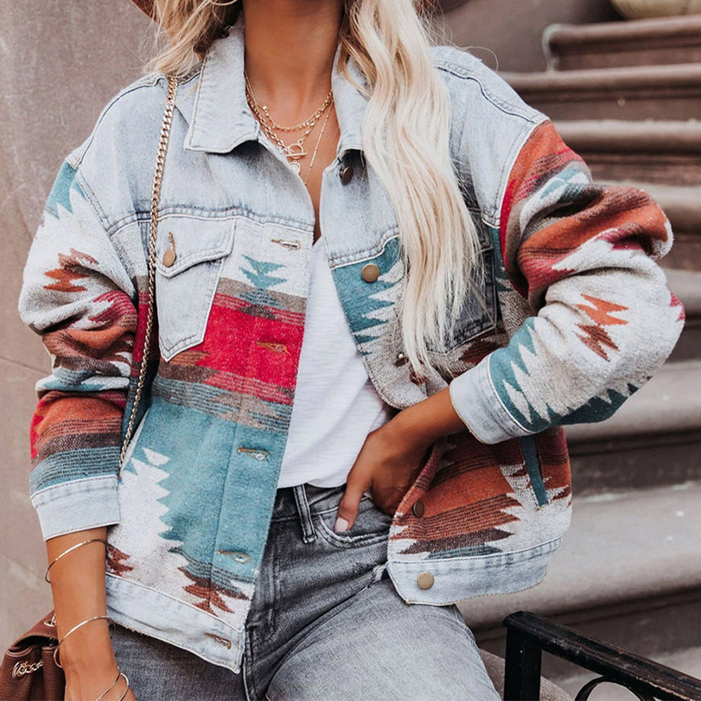 Printed Button Down Denim Shacket BLUE ZONE PLANET
