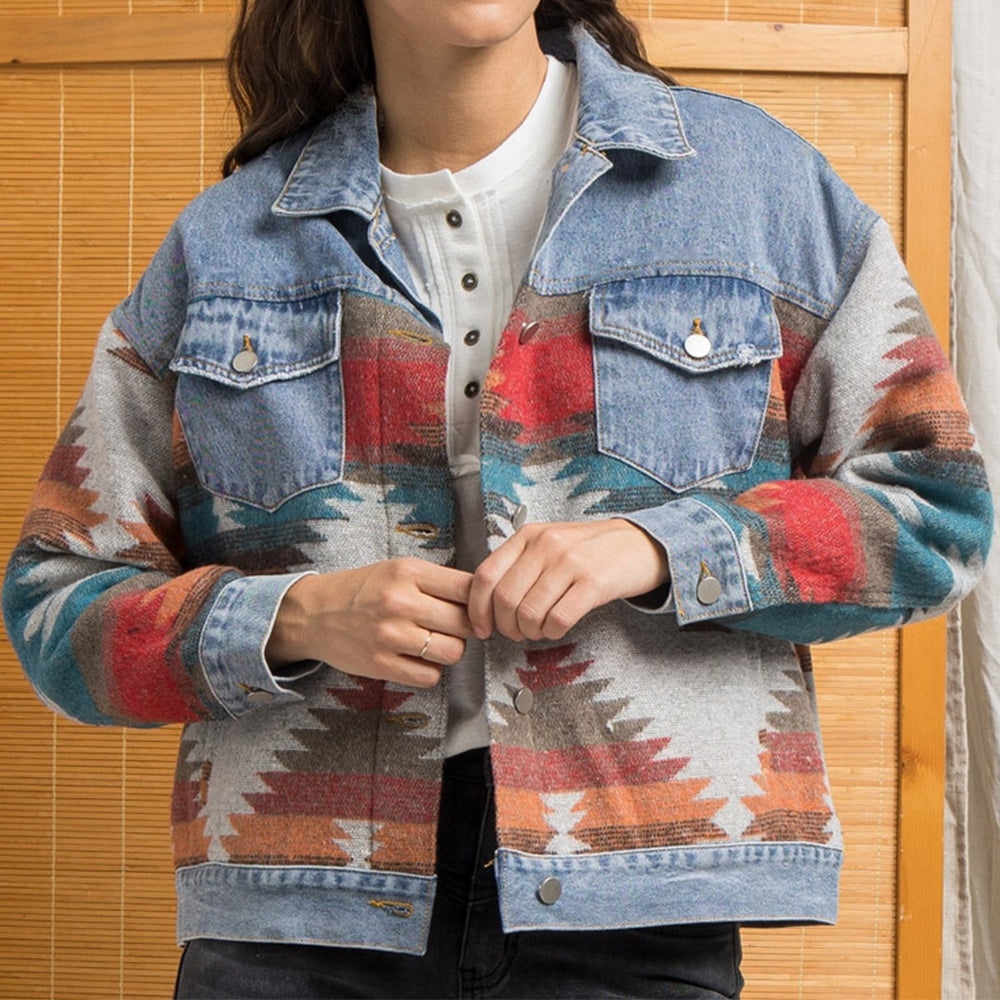 Printed Button Down Denim Shacket BLUE ZONE PLANET