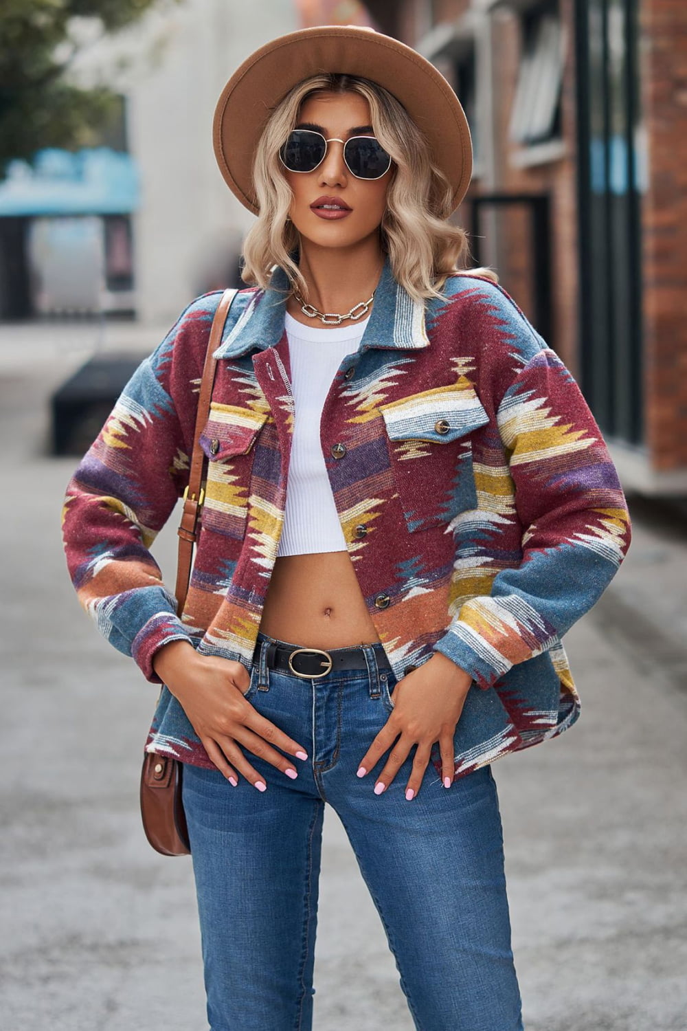 Printed Collared Neck Jacket BLUE ZONE PLANET