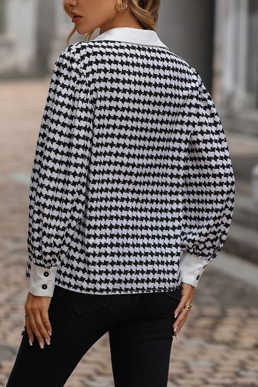 Printed Collared Neck Lantern Sleeve Shirt BLUE ZONE PLANET