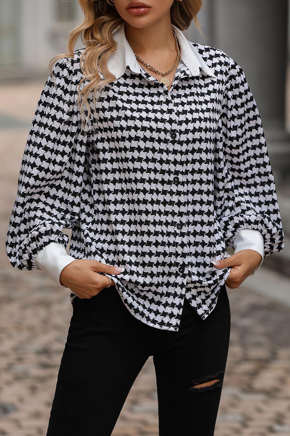 Printed Collared Neck Lantern Sleeve Shirt BLUE ZONE PLANET