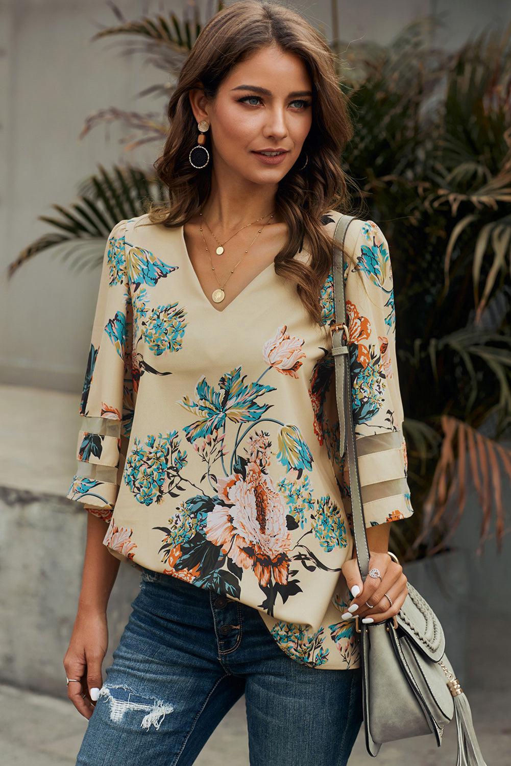 Printed Flare Sleeve Top BLUE ZONE PLANET