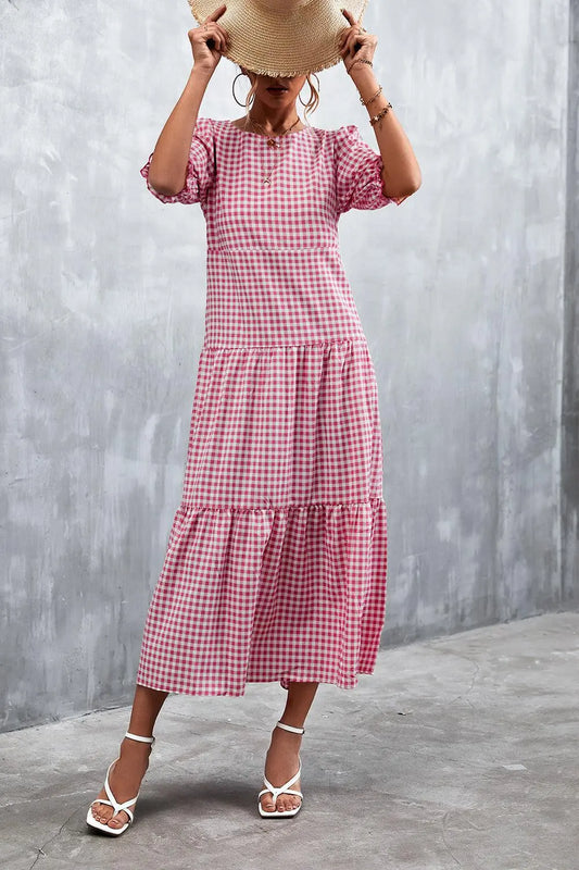 Printed Flounce Sleeve Tiered Midi Dress BLUE ZONE PLANET