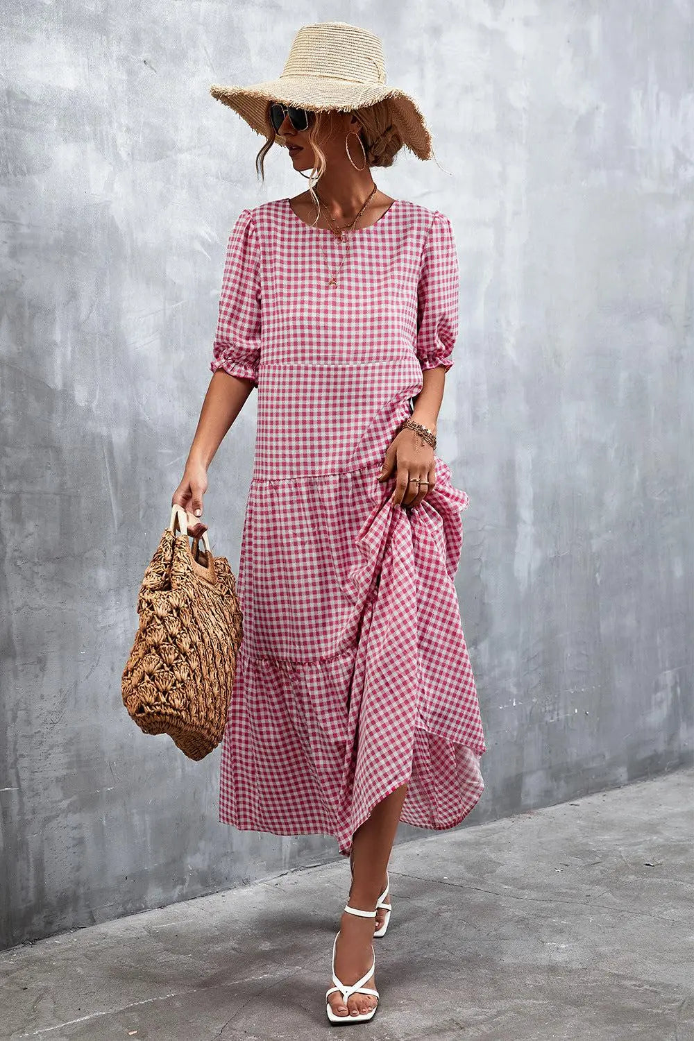 Printed Flounce Sleeve Tiered Midi Dress BLUE ZONE PLANET