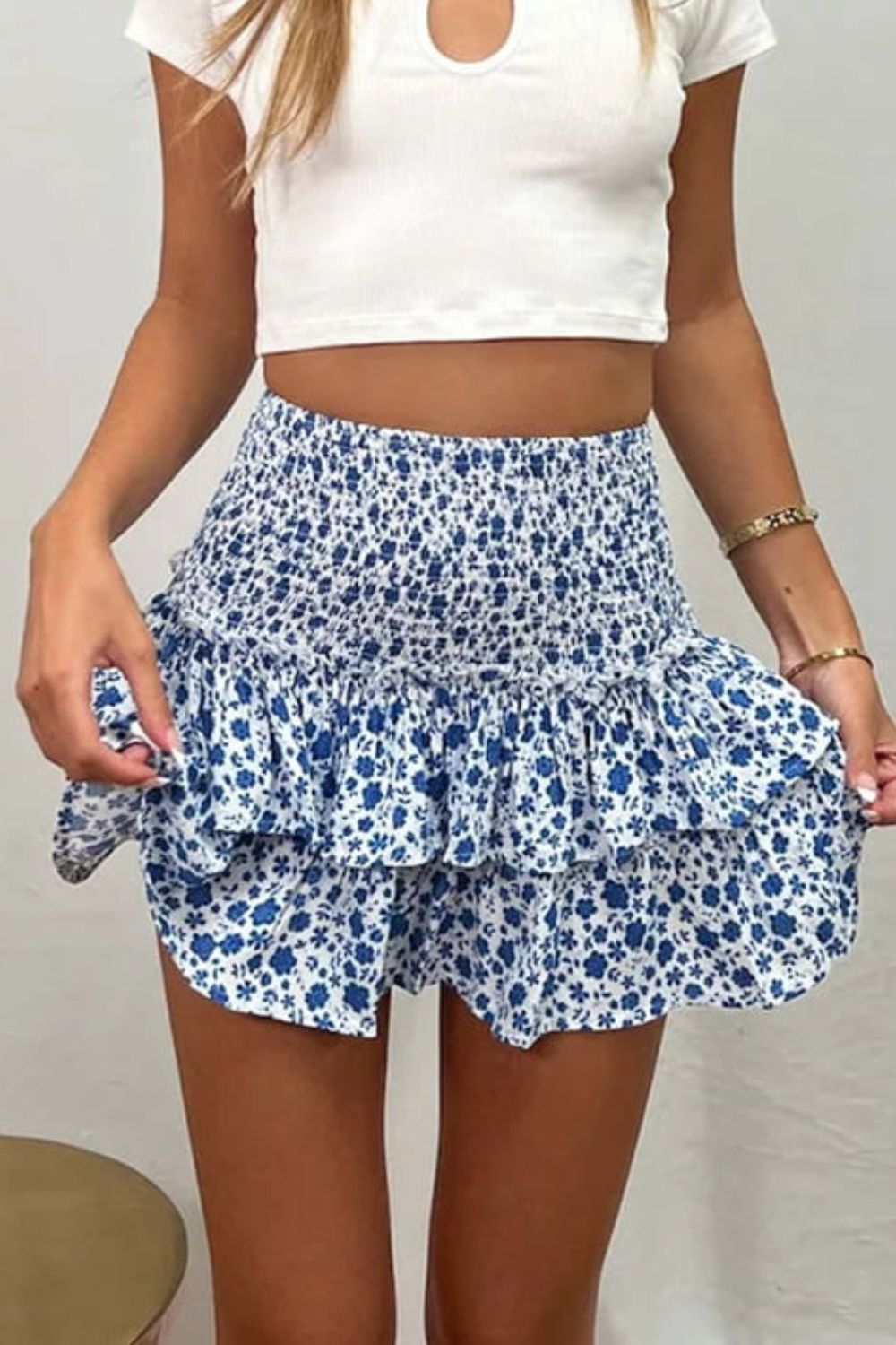 Printed Frill Trim Smocked Mini Skirt BLUE ZONE PLANET