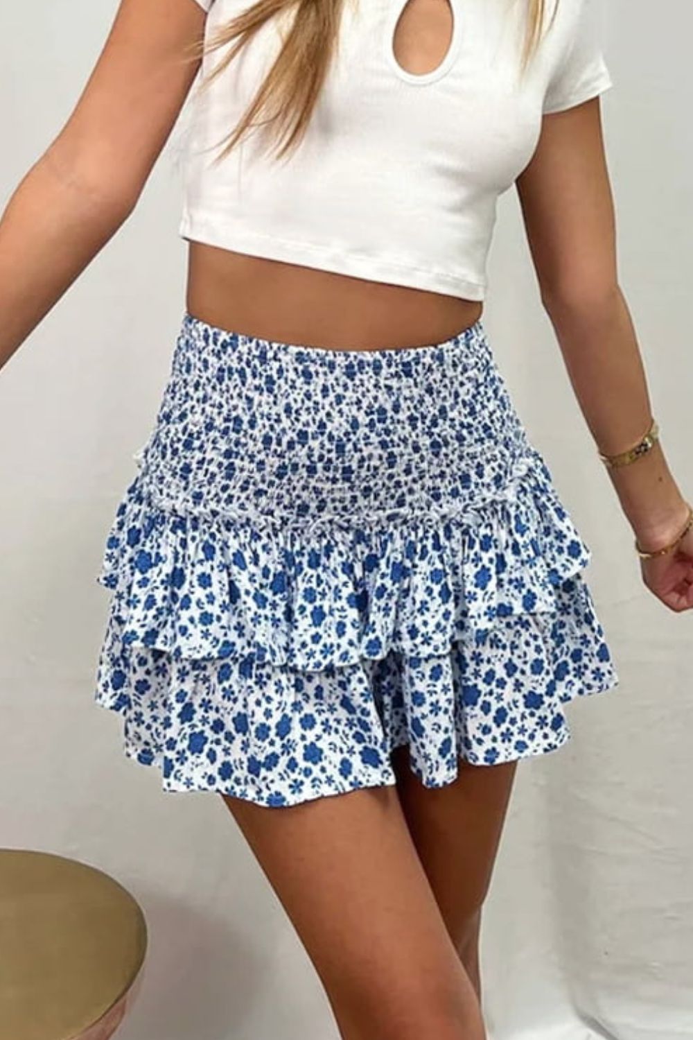 Printed Frill Trim Smocked Mini Skirt BLUE ZONE PLANET