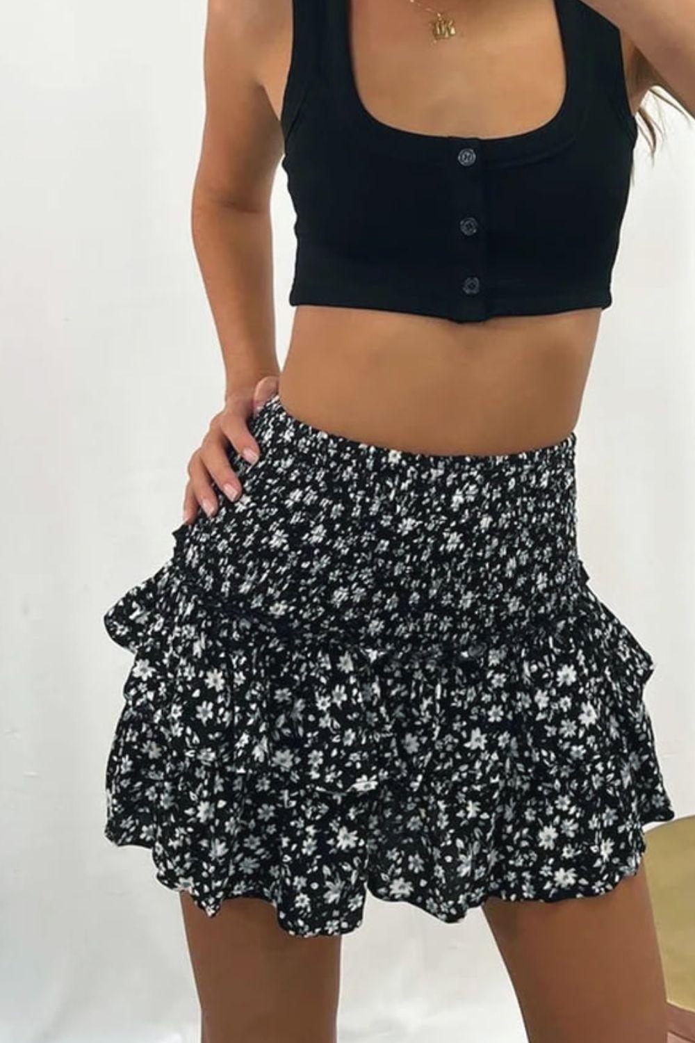 Printed Frill Trim Smocked Mini Skirt BLUE ZONE PLANET