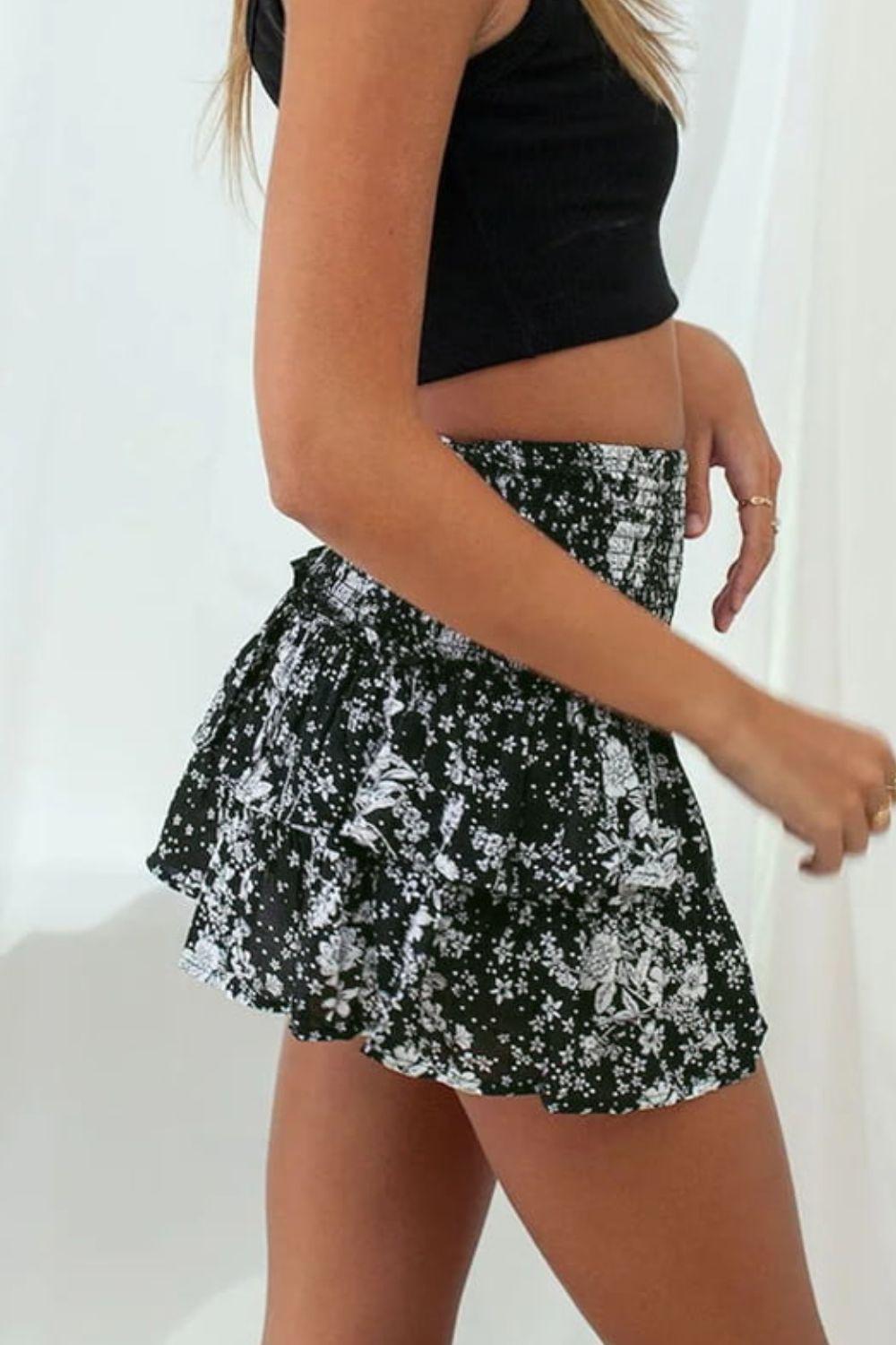 Printed Frill Trim Smocked Mini Skirt BLUE ZONE PLANET