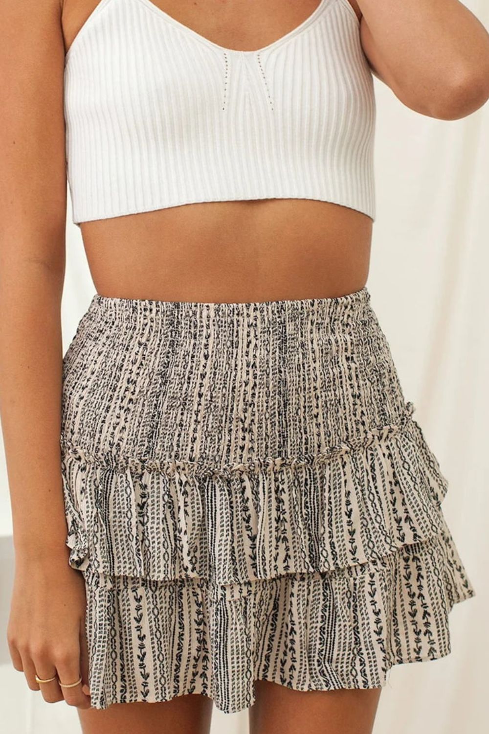 Printed Frill Trim Smocked Mini Skirt BLUE ZONE PLANET