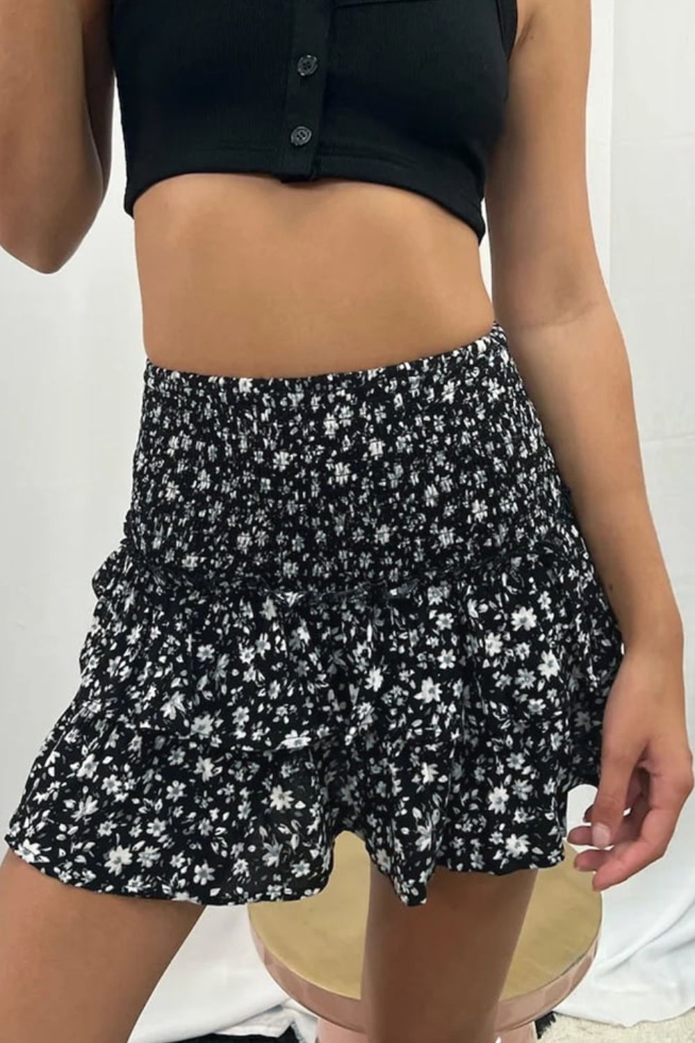 Printed Frill Trim Smocked Mini Skirt BLUE ZONE PLANET