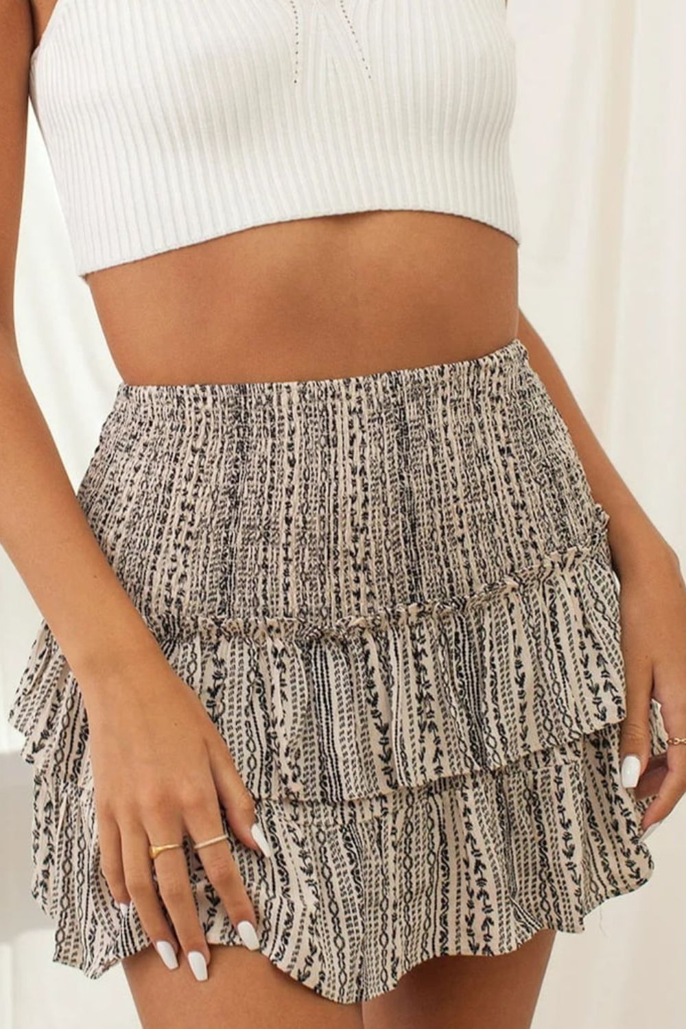 Printed Frill Trim Smocked Mini Skirt BLUE ZONE PLANET