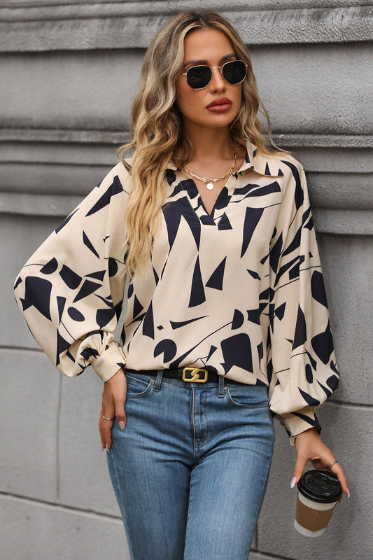 Printed Johnny Collar Blouse BLUE ZONE PLANET