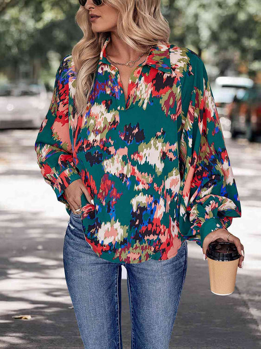 Printed Johnny Collar Long Sleeve Blouse BLUE ZONE PLANET