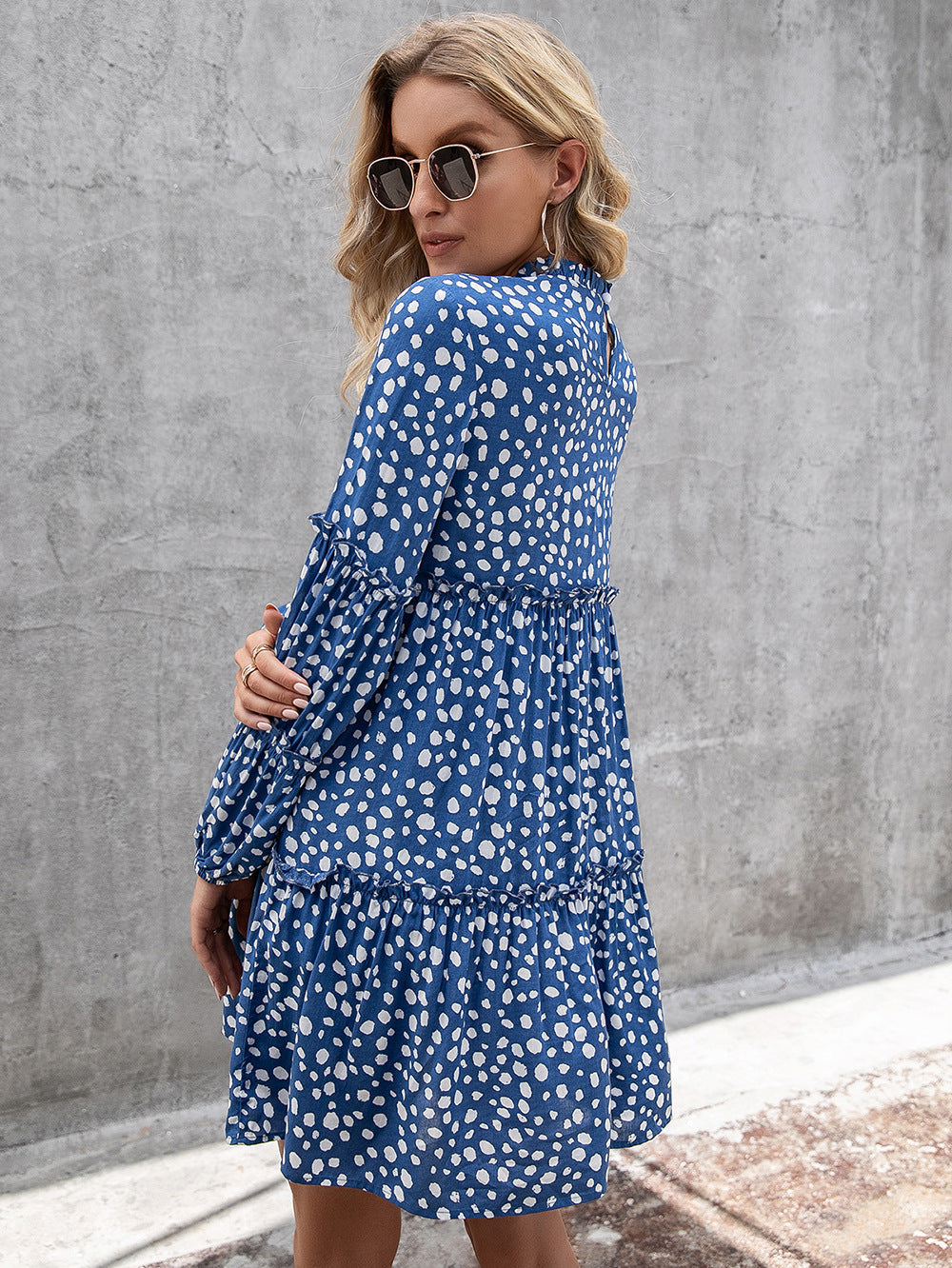 Printed Long Sleeve Tiered Dress BLUE ZONE PLANET