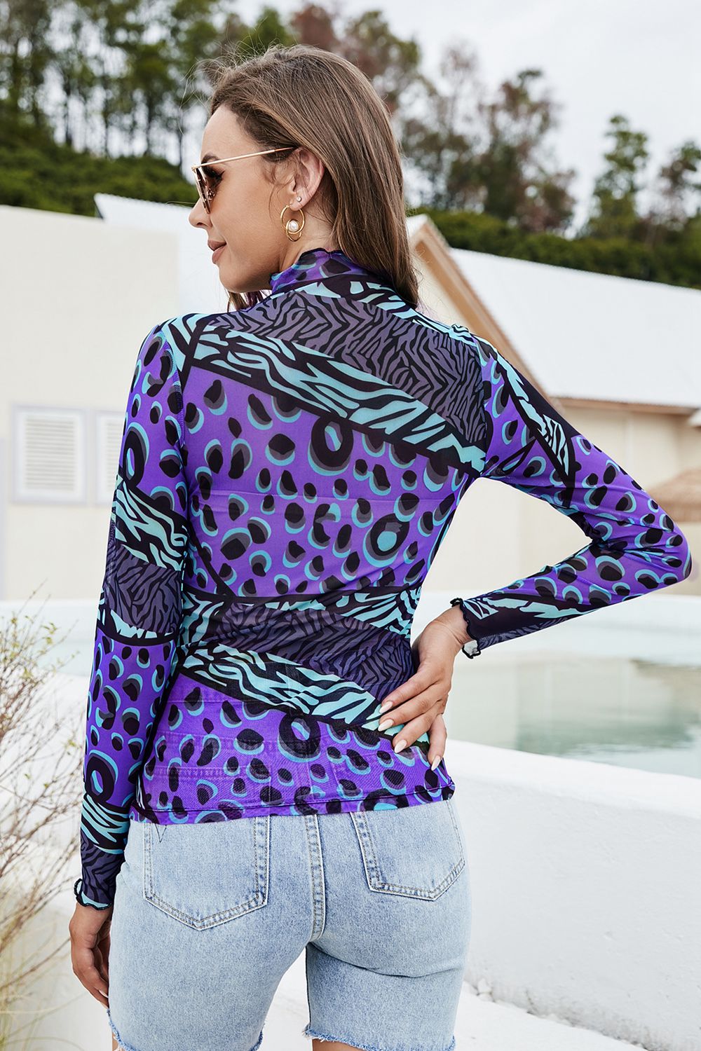 Printed Mock Neck Long Sleeve Blouse BLUE ZONE PLANET
