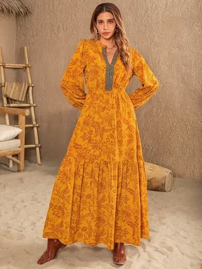 Printed Notched Balloon Sleeve Dress Trendsi