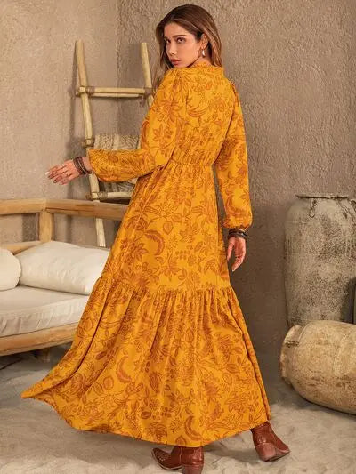 Printed Notched Balloon Sleeve Dress Trendsi