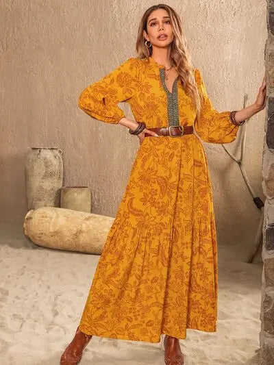 Printed Notched Balloon Sleeve Dress Trendsi